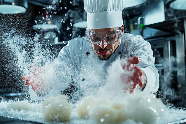 Photo molecular gastronomy chef experimenting with innovative dishes