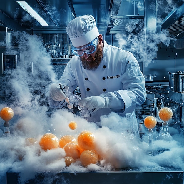 Photo molecular gastronomy chef experimenting with innovative dishes