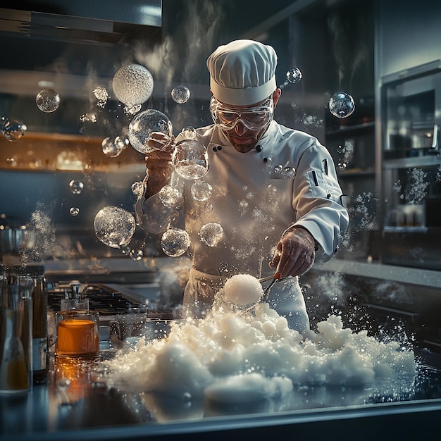 Photo molecular gastronomy chef experimenting with innovative dishes