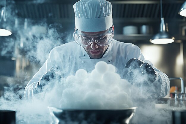 Photo molecular gastronomy chef experimenting with innovative dishes