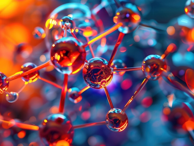 Molecular Intricacy This striking image features a closeup view of a 3D molecular structure with atoms represented by spheres connected by bonds all set against a vibrant glowing backdrop