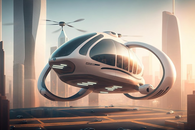 Mollitary helicopter in motion in a futuristic style against the backdrop of a desert city landscape New technologies cyberpunk high resolution art generative artificial intelligence