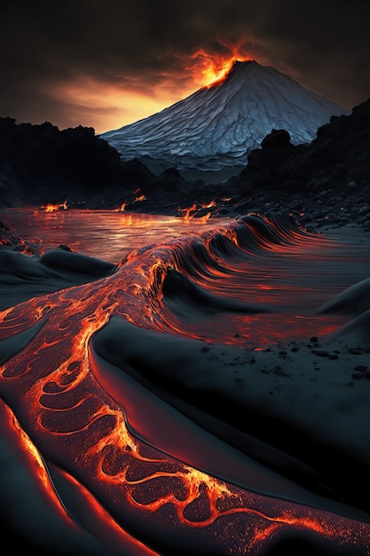 Molten carnival glass lava flow over Icelandic black earth day.