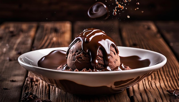 Molten choco ice cream served in a dish isolated on wooden background side view of dessert