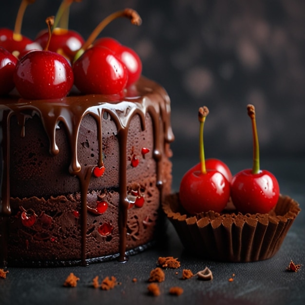 Molten chocolate cake with cream and cherry