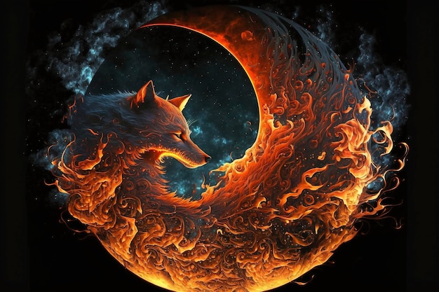 molten firefox with hellfires with nine tails under the moon, creative ai