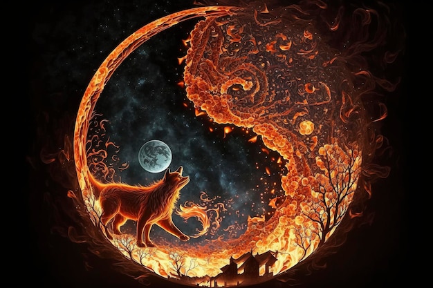 molten firefox with hellfires with nine tails under the moon, creative ai