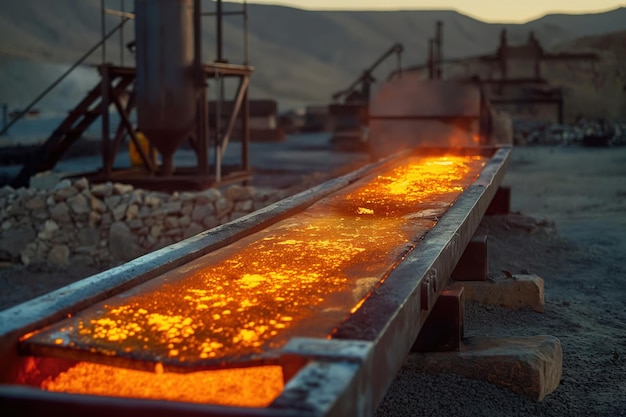 Photo molten gold flowing in a smelting facility in the desert creating a mesmerizing and dangerous industrial scene