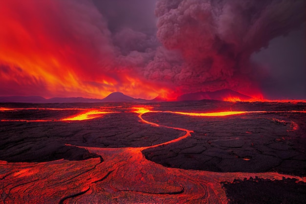 molten lava fields with tall dark spires of stone