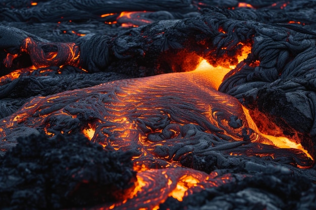 Molten lava flow at night