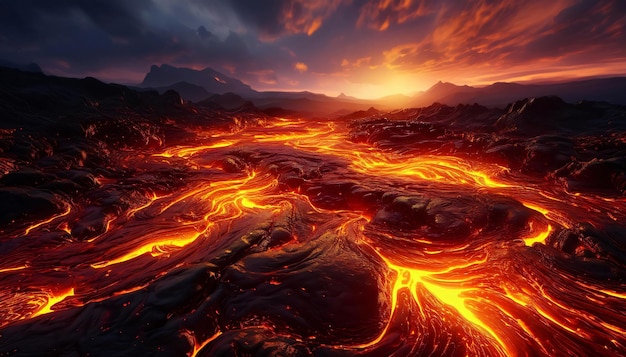 Molten lava is flowing across the landscape as the sun sets on the horizon