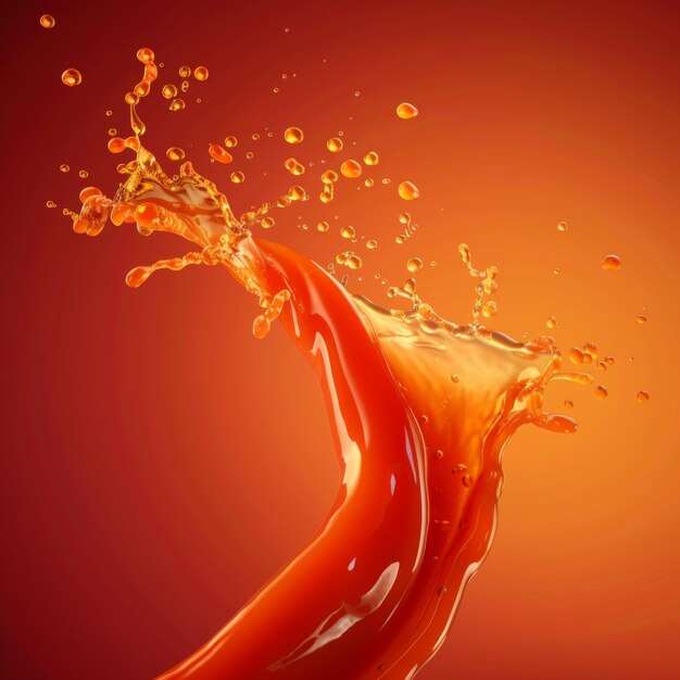 Molten liquid orange juice splashing in the air against a red gradient background in a style of high