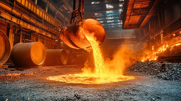 Photo molten metal flows into large drums illuminating the factory with an orange glow capturing the dynamic energy of contemporary iron smelting operations