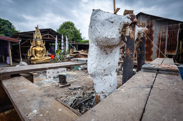 Molten metal is poured into a sand mold aluminum casting and the Buddha temple in Thailand