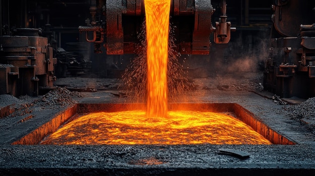 Molten metal pouring into a mold in a factory creating a bright orange glow