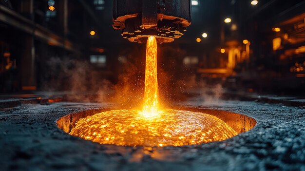 Molten metal pouring into a mold in a factory