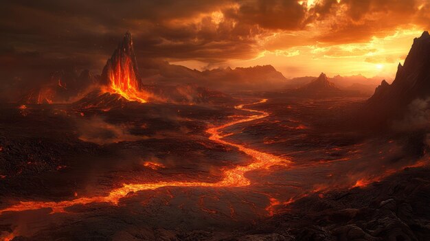 Photo molten river a fantasy landscape of volcanic wasteland 1