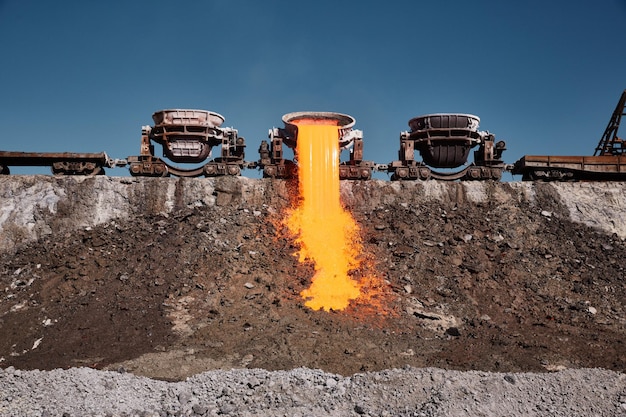 Photo the molten slag is poured from a crucible mounted on a railway platform a stream of molten slag