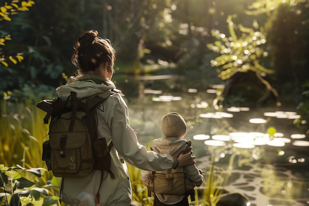 Mom attending a baby sensory nature walk with her