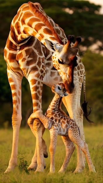 Photo mom and baby giraffe