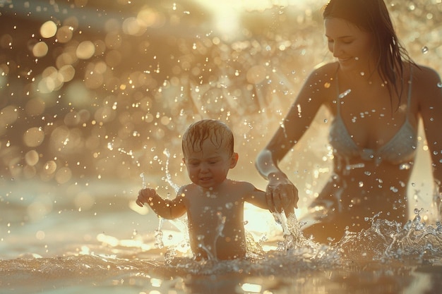 Mom and baby splashing in the shallow water