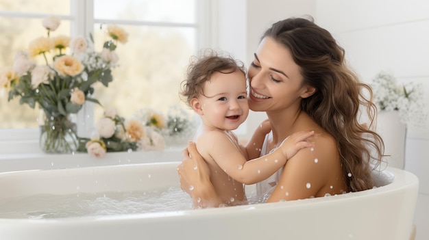 Mom bathes the baby in the bath