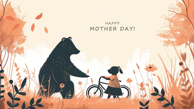 Mom bear teaches little bear ride a bike in park Happy mother day