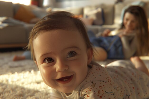 Mom capturing her babys first smile on camera