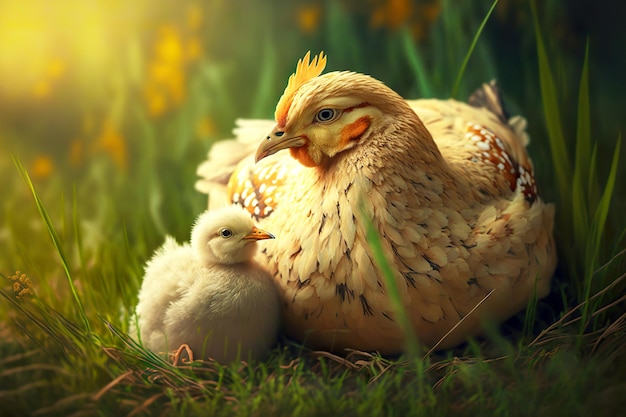 Mom chicken with chicks sits and basks in sun on grass