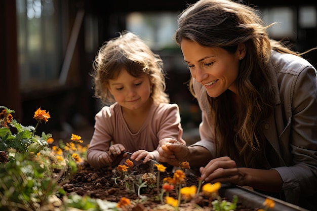 Mom and child gardening mother and her child planting flowers together in a backyard garden capturing the bond between them and the joy of nurturing nature