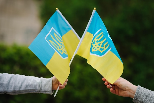 Mom and child holding flag in their hands on rally Ukrainian yellow and blue flag flutters in wind outdoors National symbol of freedom and independence patriotism No war stop russian aggression