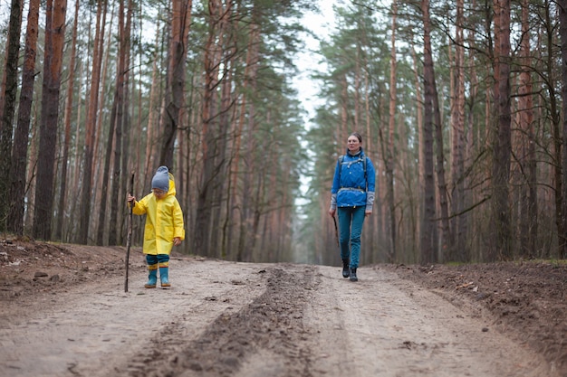 Mom and child walk in the forest road after rain in raincoats together