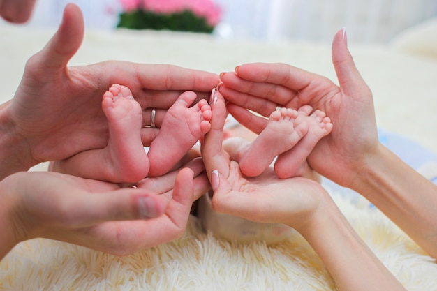 Mom and dad hands hold small legs of their two newborn twin babies