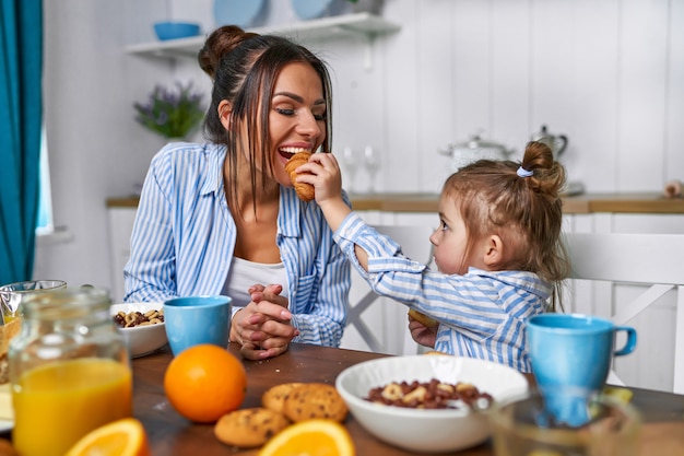 Mom and daughter have breakfast in the morning at home