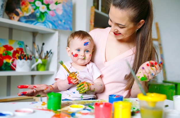 Mom and Daughter paint on canvas at the drawing school.