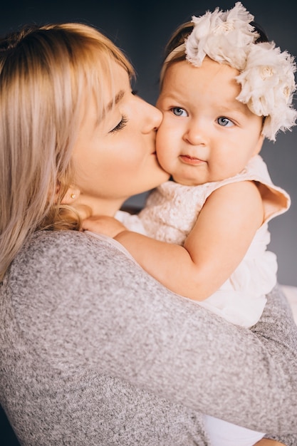 Mom and daughter posing in studio