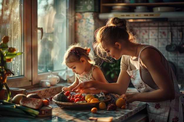 Mom and daughter prepare in the kitchen