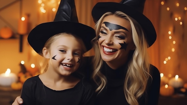 Photo mom and daughter in witch costumes are celebrating halloween halloween holiday