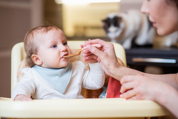 Mom feeds a happy baby fruit puree from a spoon First food