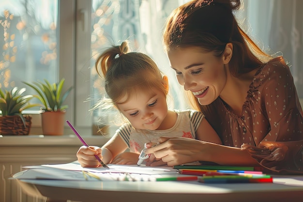 Mom helping daughter to draw