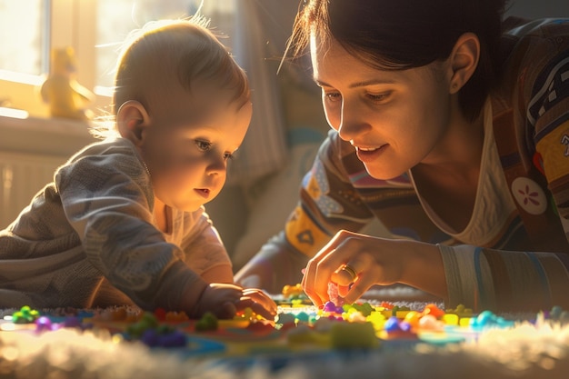 Mom helping her baby explore baby sensory texture