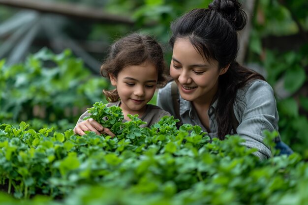 Mom and her daughter are busy with seedlings Gardening in spring