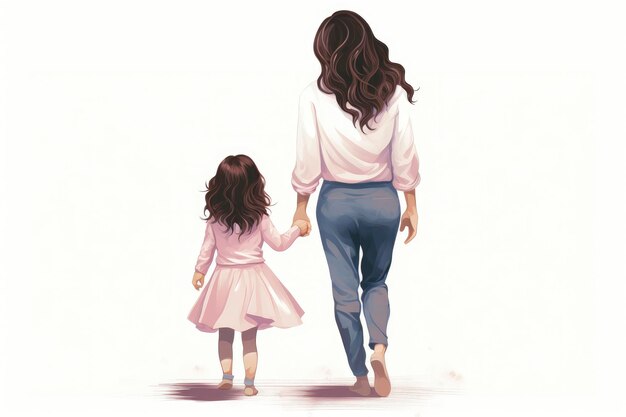 Mom Holding Little Daughters Hand Back View Flat