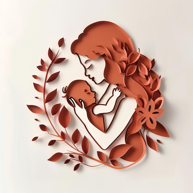 mom hugging baby in paper cut style