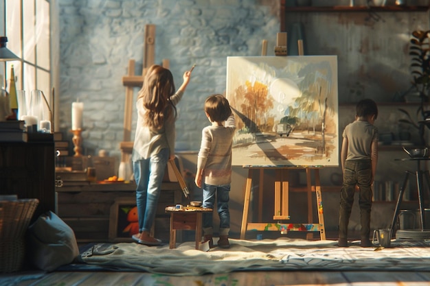 Mom and kids organizing a surprise family painting