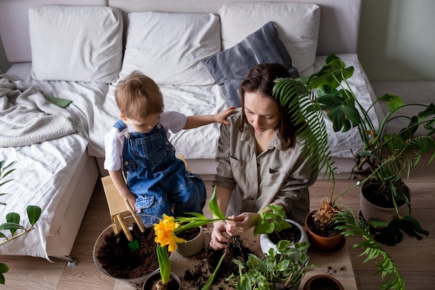 Mom and little son are transplanting houseplants together