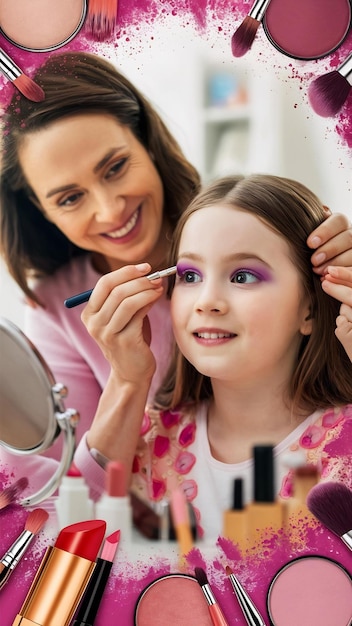 Mom playing with cosmetics with her daughter