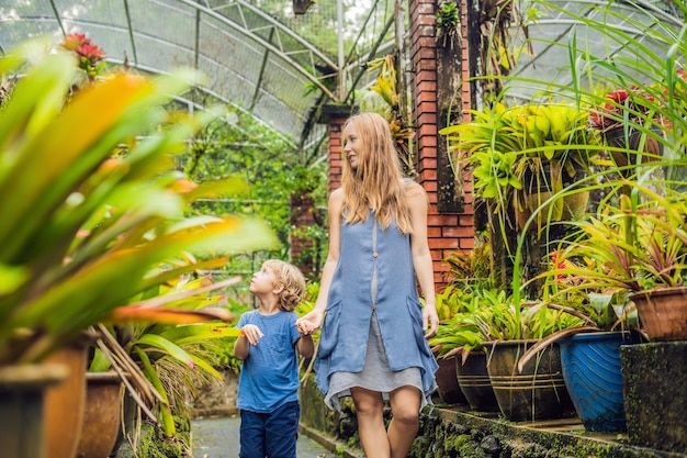 Mom and son are walking in the tropical park