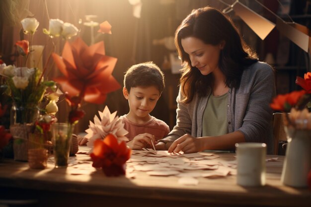 Photo mom and son crafting homemade greeting cards generative ai