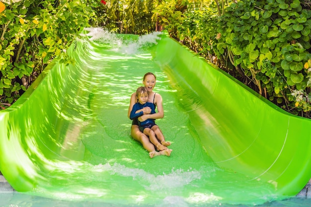 Mom and son have fun at the water park